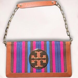 Tory Burch Striped Canvas Clutch w/Leather Trim Chain Shoulder Bag w/Gold Logo